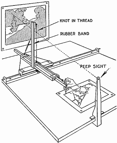 Original sketching-machine diagram showing its frame, thread, rubber band, and peep sights